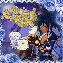 a picture of a man holding a baby with the words good night written above him