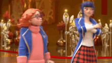 two cartoon characters standing next to each other with one wearing glasses