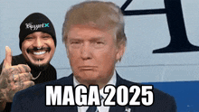 a man giving a thumbs up next to a picture of donald trump