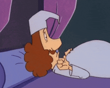 a cartoon of a man laying on a bed with a white hat on