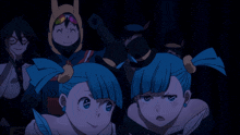 a group of anime characters with blue hair are standing together in a dark room
