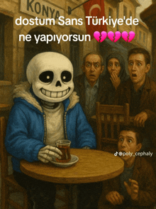 a skeleton is sitting at a table with a cup of tea