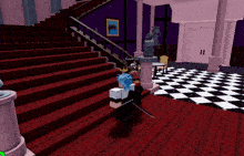 a person in a video game is standing on a set of stairs with a statue in the background that says level 62