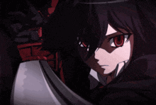 a girl with red eyes is holding a sword in her hand