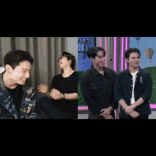 a group of young men are standing next to each other in front of a hot air balloon .