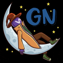 a cartoon of a person laying on a crescent moon with the word gn written above them