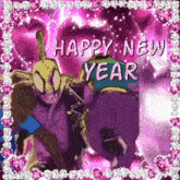 a happy new year greeting card with a purple character