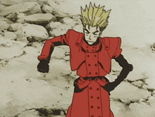 a cartoon character in a red coat is standing on a rocky hillside