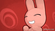 a cartoon rabbit is smiling with a red background and the website gifrun.com is underneath it