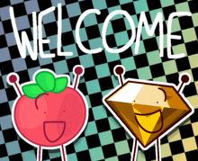 a welcome sign with a red apple and a diamond