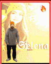 a man with a beard stands in front of a yellow background with the name selena