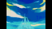 a pixel art painting of a castle in the middle of a blue sky