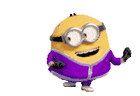 a yellow minion wearing a purple jacket and goggles with an infinity symbol on his head
