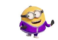a yellow minion wearing a purple jacket and goggles with an infinity symbol on his head