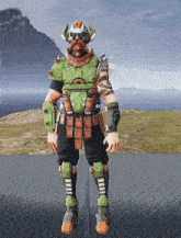 a man with a beard is wearing a green armored outfit
