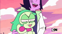 a cartoon of a man holding a green cartoon character with the cn logo in the corner