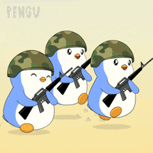 three penguins wearing helmets and holding guns with the word pengu in the background