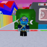 a cartoon character is standing in front of a green building with a red light