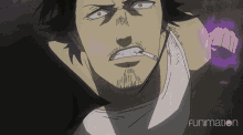 a man with a cigarette in his mouth has funimation written on the bottom