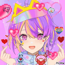 a girl with purple hair is wearing a crown and making a heart with her fingers