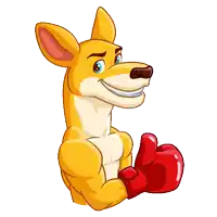 a kangaroo wearing red boxing gloves is smiling with his eyes closed