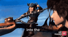 a cartoon character is riding a dragon and says into the