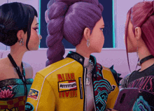 a girl with purple hair is wearing a yellow jacket that says rtttttum on it