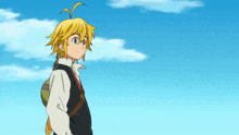 a cartoon character with a ponytail looks up at a blue sky