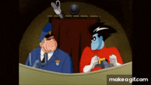 a police officer and a superhero are sitting at a table .