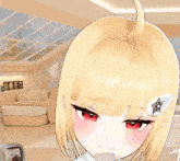 a girl with blonde hair and red eyes has a star on her head