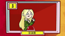 a cartoon character with the name dawn on the bottom