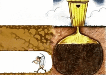 a cartoon of a man walking through a hole with a hammer