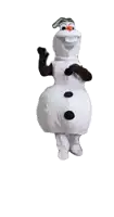 a dog standing next to a snowman dressed as olaf