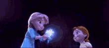 a couple of cartoon characters are standing next to each other and looking at each other .
