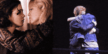 two women are hugging each other in a dark room and one is wearing a blue jacket