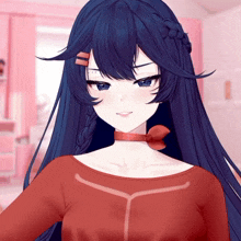 a girl with long dark hair is wearing a red shirt and a choker