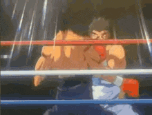 a cartoon of a man in a boxing ring with red gloves .