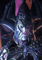 a close up of a person wearing a purple and gold armor