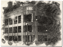 a black and white drawing of a building that says ccc on it