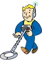 a cartoon drawing of a man using a metal detector