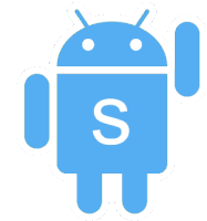 a blue android icon with the letter s on it 's chest