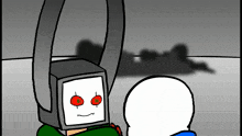 a cartoon character with red eyes is talking to another cartoon character