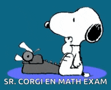 snoopy is sitting in front of a typewriter with the words sr. corgi en math exam written below him