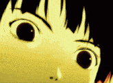 a close up of a girl 's face with a yellow background