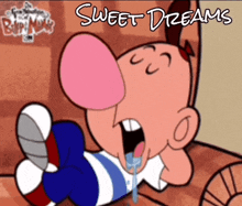 a cartoon character laying on a couch with the words sweet dreams written on the bottom