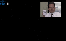 a screen shows a man holding a mug that says " world 's best boss "