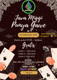 a poster for java miggi punya gaive with playing cards and chips