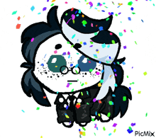 a drawing of a person with glasses and a ponytail is surrounded by colorful confetti and says picmix