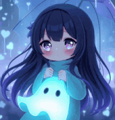 a little girl with long black hair is holding a blue ghost and an umbrella