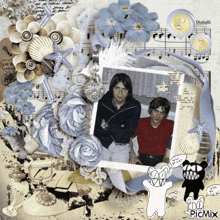 a picture of two men in a frame is surrounded by flowers and a drawing of a cat
